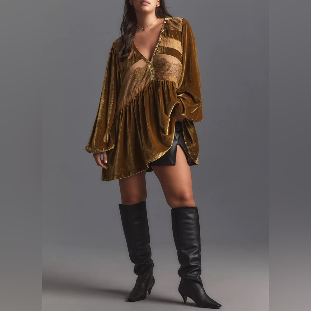 By Anthropologie Long Sleeve Velvet Lace Babydoll Top Gold Boho Romantic Large
